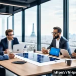 Home 17 구매조달 업무에서의 크로스펑션 협업 사례 - A modern corporate meeting room scene showing diverse professional teams from purchasing, quality co...