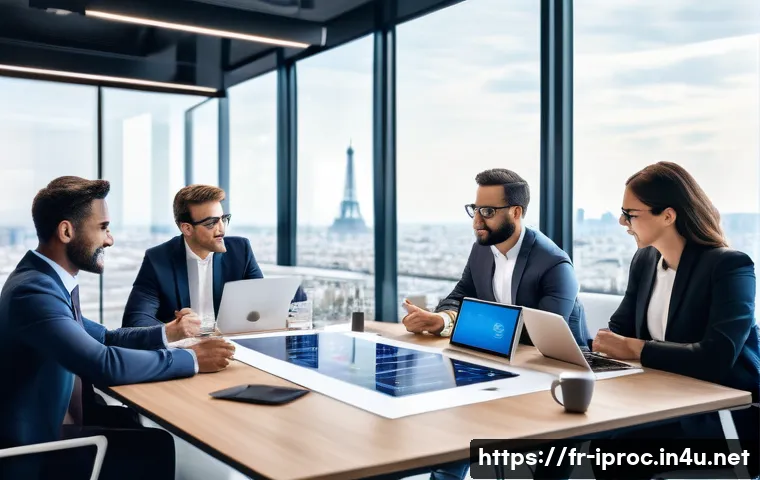 구매조달 업무에서의 크로스펑션 협업 사례 - A modern corporate meeting room scene showing diverse professional teams from purchasing, quality co...