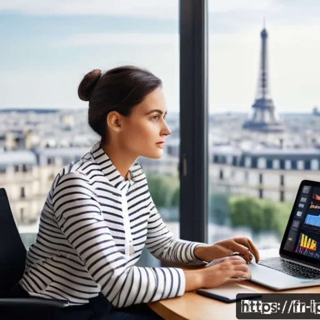 구매조달 실무 경험 쌓기 위한 인턴십 팁 - A modern French corporate office setting with a young professional woman using advanced digital proc...