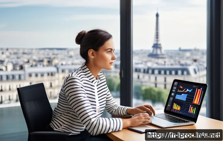 구매조달 실무 경험 쌓기 위한 인턴십 팁 - A modern French corporate office setting with a young professional woman using advanced digital proc...