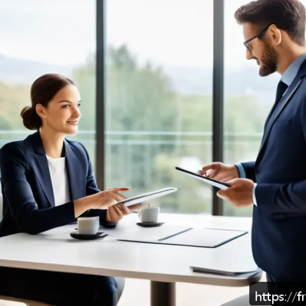 구매조달사 커리어 전환 사례 - A professional business negotiation scene set in a modern European office, featuring two diverse pro...