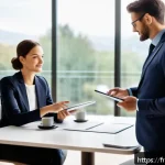 구매조달사 커리어 전환 사례 - A professional business negotiation scene set in a modern European office, featuring two diverse pro...