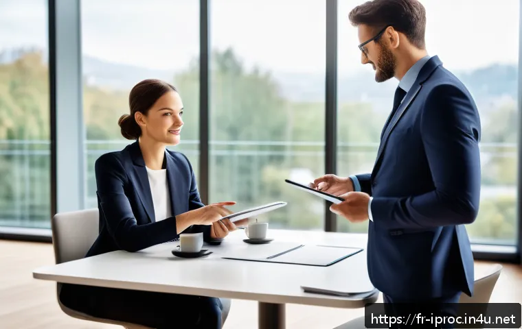 구매조달사 커리어 전환 사례 - A professional business negotiation scene set in a modern European office, featuring two diverse pro...