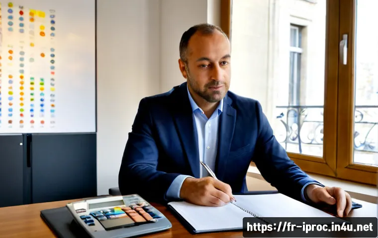구매조달사로서 비즈니스 분석 역량 강화 - Photorealistic French procurement manager in a modern Paris office, calmly comparing supplier sample...